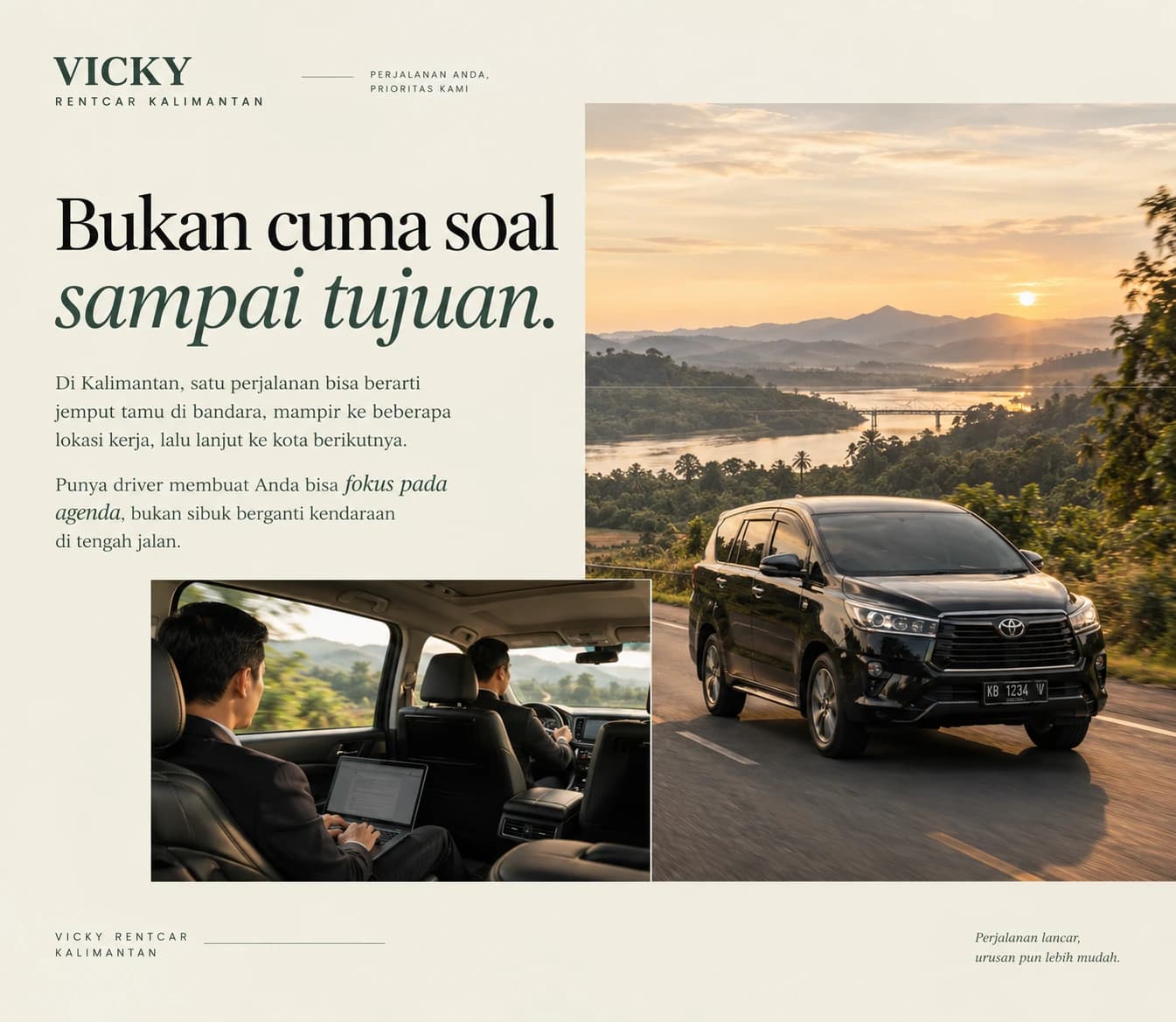 Perjalanan Kalimantan dengan driver, kendaraan, dan lanskap saat senja