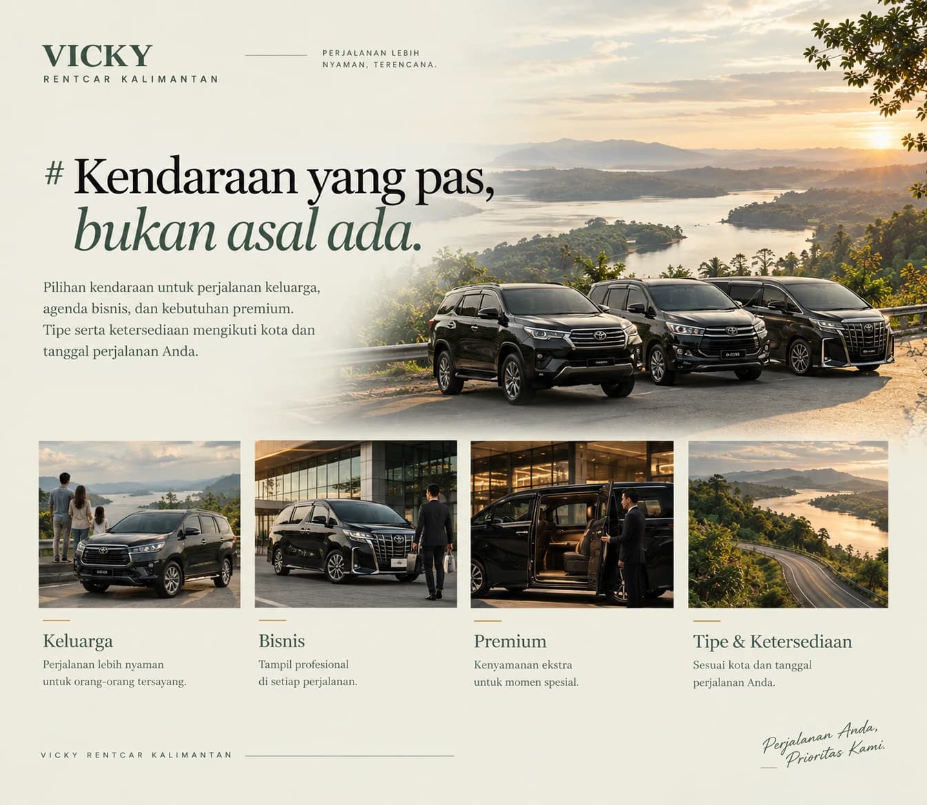 Pilihan armada Vicky Rentcar untuk perjalanan keluarga, bisnis, dan kebutuhan premium