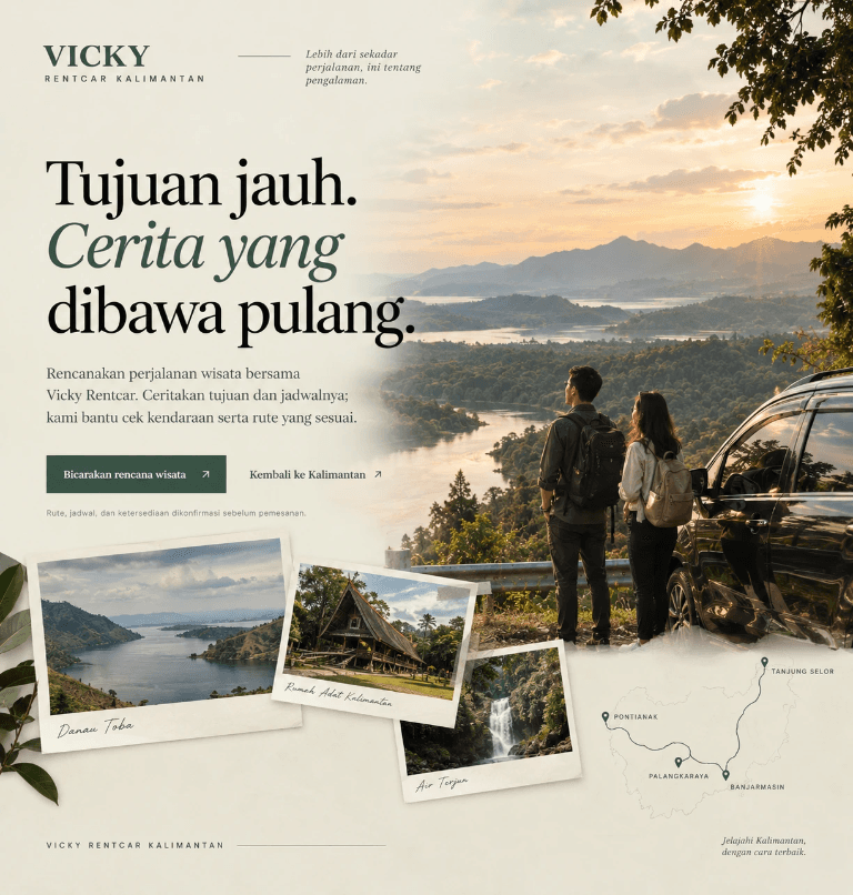 Ilustrasi paket wisata Kalimantan dengan lanskap, destinasi, dan perjalanan